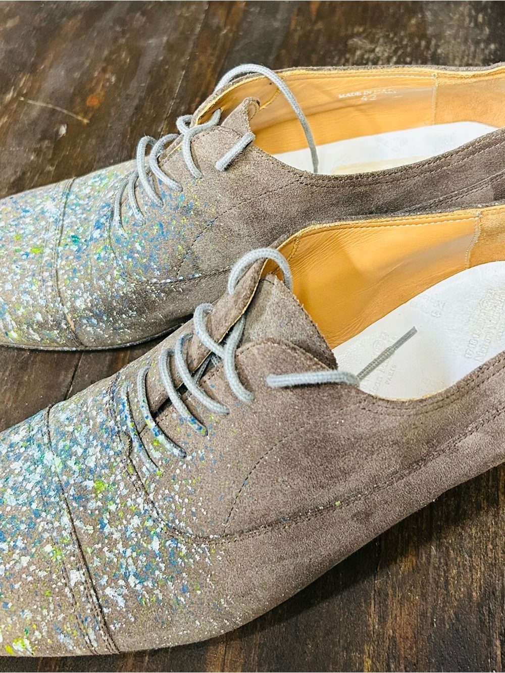 Maison Martin Margiela Taupe Suede Oxfords with Multicolor Speckle Toe